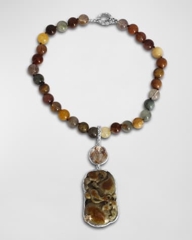 Stephen Dweck Hand Carved Jade, Faceted Pyrite Quartz and Rutilated Quartz Necklace