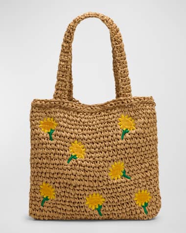 Stella McCartney Kids Girl's Raffia Tote Bag with Sunflowers Embroidery