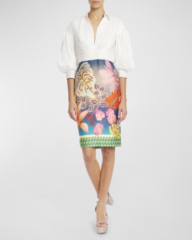 Badgley Mischka Collection Ruched Floral-Print Balloon-Sleeve Midi Dress