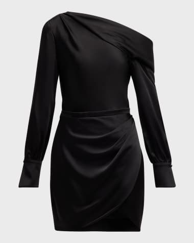 SIMKHAI Cameron One-Shoulder Wrap-Skirt Satin Mini Dress