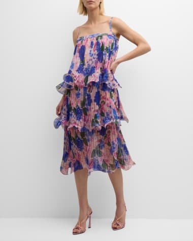 GIGII'S Neveda Pleated Floral-Print Tiered Midi Dress