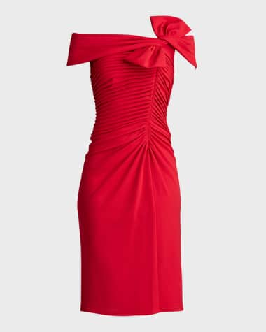 Tadashi Shoji Off-Shoulder Pleated Bow-Front Midi Dress