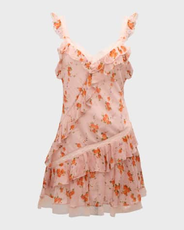 LoveShackFancy Serima Tiered Floral Lace Sleeveless Mini Dress