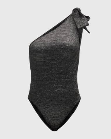 Lisa Marie Fernandez Metallic One-Shoulder Bow One-Piece Swimsuit