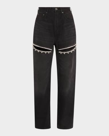 AREA Crystal Cutout Slit Straight Leg Jeans