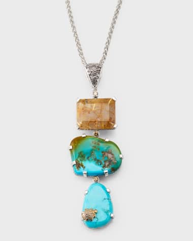 Stephen Dweck Gold Hair Rutilated Quartz, Turquoise and Champagne Diamond Pendant Necklace