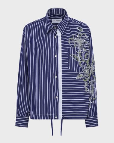 Des Phemmes Hibiscus Embroidered Stripe Shirt