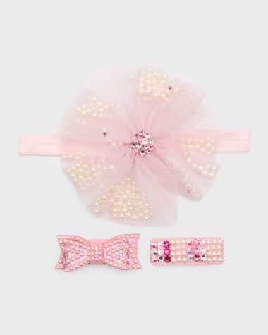 Bari Lynn Girl's 3-Piece Embellished Tulle Headband and Clip Set