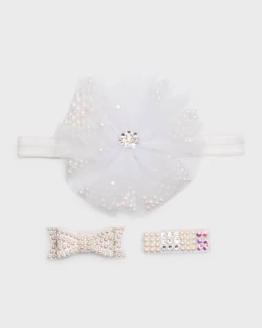 Bari Lynn Girl's 3-Piece Tulle Layer Bow Headband and Hair Clips Set