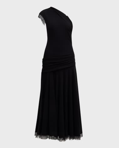 Brandon Maxwell Tess Fringed One-Shoulder Draped Drop-Waist Maxi Dress
