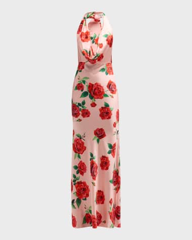 Sau Lee Presley Backless Floral Satin Halter Gown