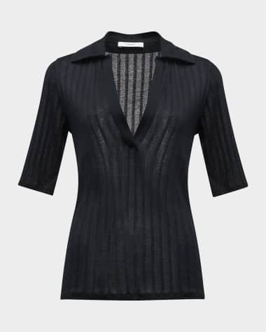 Vince Elbow-Sleeve Silk Rib Polo Shirt