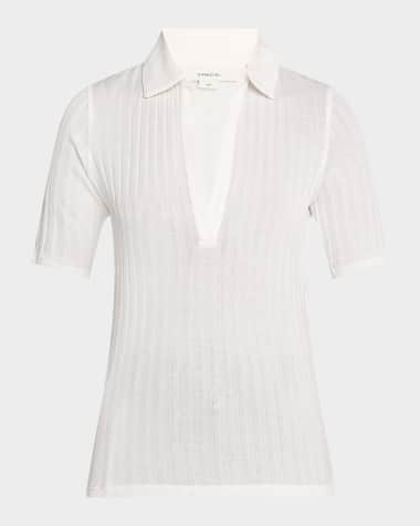 Vince Elbow-Sleeve Silk Rib Polo Shirt