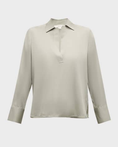 Vince Long-Sleeve Silk Pullover Polo Top