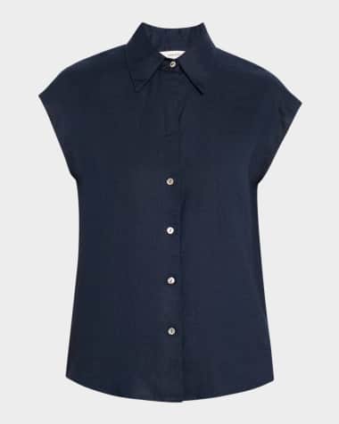 Vince Cap-Sleeve Linen Button-Front Blouse