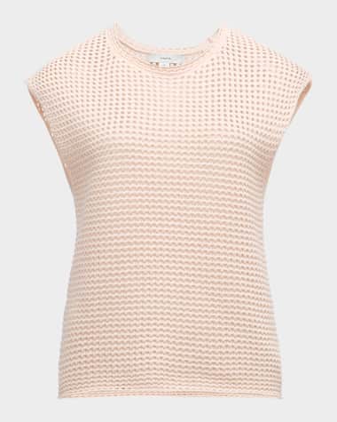 Vince Stitched Mesh Cap-Sleeve Crewneck Top