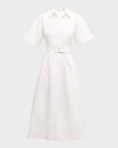 SIMKHAI Deanna Belted Poplin Short-Sleeve Midi Shirtdress