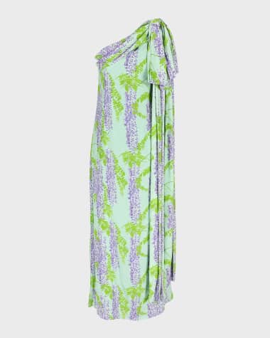 BERNADETTE Gala One-Shoulder Wisteria Printed Maxi Dress with Bow Detail