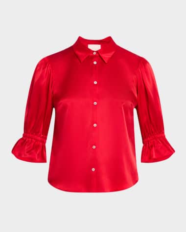 Cinq a Sept Fiona Silk Satin Short-Sleeve Top