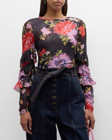 Cinq a Sept Elle Floral-Print Ruffle-Sleeve Shirred Top