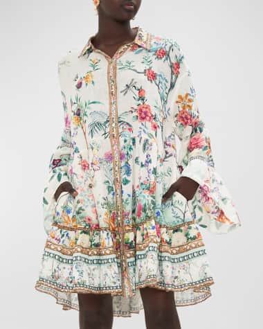 Camilla Lace-Trim Yoke Tiered Linen Mini Shirt Dress