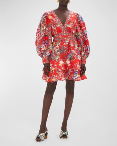 Camilla Button-Front Floral Silk Frill Mini Dress