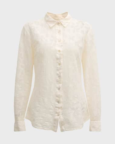 120% Lino Button-Down Floral Lace Shirt