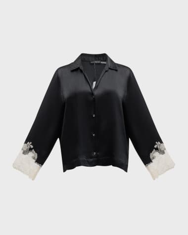 Josie Natori Lolita Cropped Lace-Trim Charmeuse Pajama Set