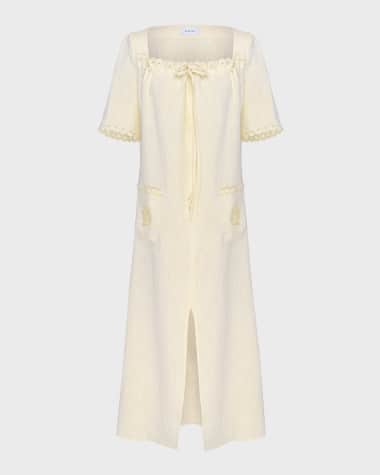 Sleeper Sofia Scalloped Embroidered Linen Midi Dress