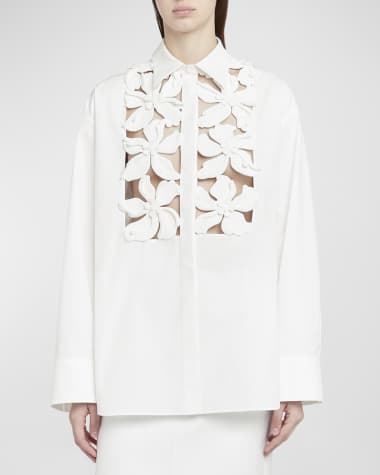 Valentino Garavani Poplin Floral Button-Front Shirt with Lasercut Bib