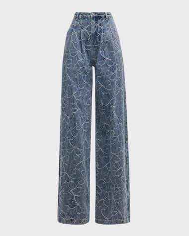 Ramy Brook Adley High-Rise Wide-Leg Floral-Embroidered Jeans