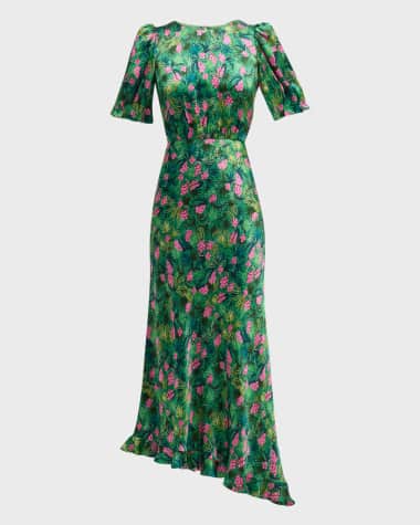 Saloni Vida-D Puff-Sleeve Floral Silk Midi Dress