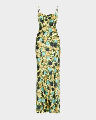 Saloni Renee Long Floral Silk Spaghetti-Strap Dress