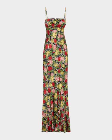 Saloni Renee Long Floral Silk Spaghetti-Strap Dress