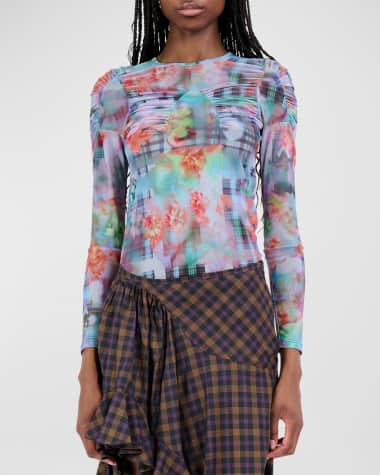 Collina Strada Arc Gathered Long-Sleeve Mesh Top