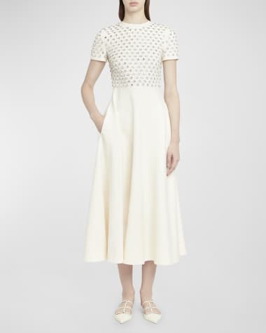 Valentino Garavani Crystal Scalloped Sequin Embroidered Short-Sleeve Crepe Midi Couture Dress
