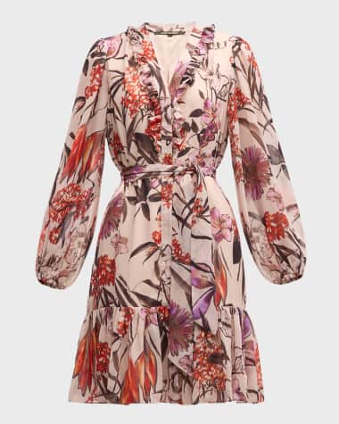 Kobi Halperin Samara Floral-Print Ruffle Satin Midi Dress