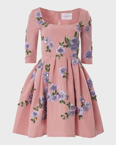 Carolina Herrera Floral Embroidered Sequined Scoop-Neck 3/4-Sleeve Pleated Dress