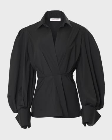 Carolina Herrera Collared Puff-Sleeve French-Cuff Wrap Top