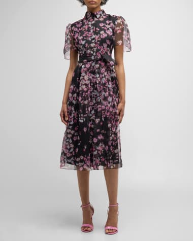 Carolina Herrera Floral-Print Short-Sleeve Belted Organza Midi Shirtdress