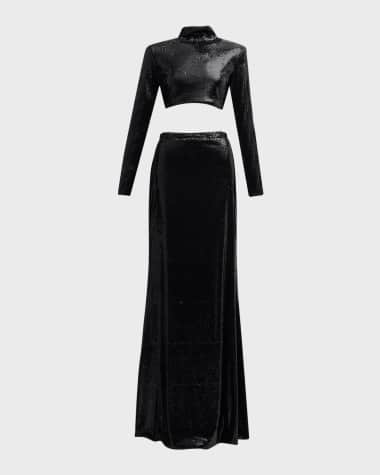 Roberto Cavalli Two-Piece Mock-Neck Long-Sleeve Sequined Gown