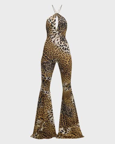 Roberto Cavalli Leopard-Print Halter Flared Jumpsuit