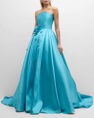 Pamella Roland Floral-Applique Aquamarine Mikado Slit-Hem Strapless Ball Gown