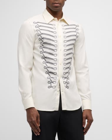 Alexander McQueen Men's Military Braiding-Print Silk Sport Shirt