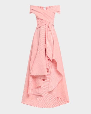 Talbot Runhof Seersucker Off-The-Shoulder Waist-Tie High-Low Dress