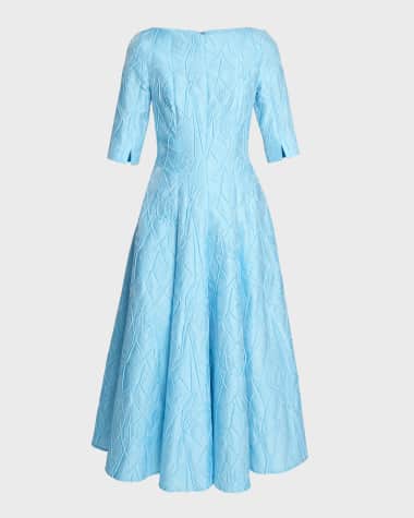 Talbot Runhof High-Neck Elbow-Sleeve Mikado Jacquard Midi Dress