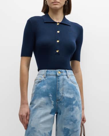Ganni Short-Sleeve Ribbed Wool Polo Top