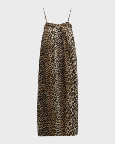 Ganni Spaghetti Strap Leopard-Print Midi Dress