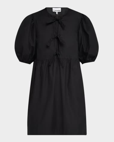 Ganni Tie-Front Puff-Sleeve Poplin Mini Dress