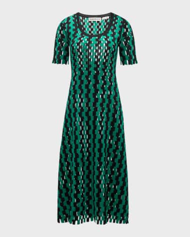 ZANKOV Helen Wavy Open-Knit Short-Sleeve Midi Dress